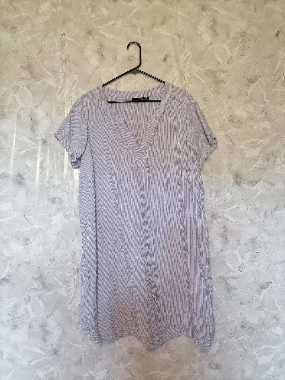 TAHARI 100% Linen Striped Dress 2X Blue Short Sleeve Minimalist Beach Coastal